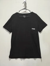 PINK Victoria Secret Black with White Logo Short Sleeve Shirt Women’s Sz L