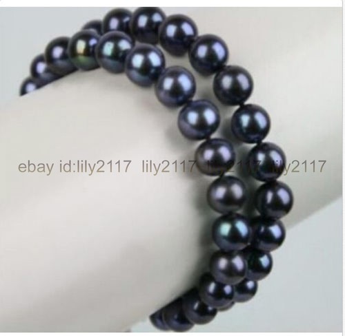 Genuine natural 2 rows round 9-10mm south sea black pearl bracelet 7.5 inch - Picture 6 of 6