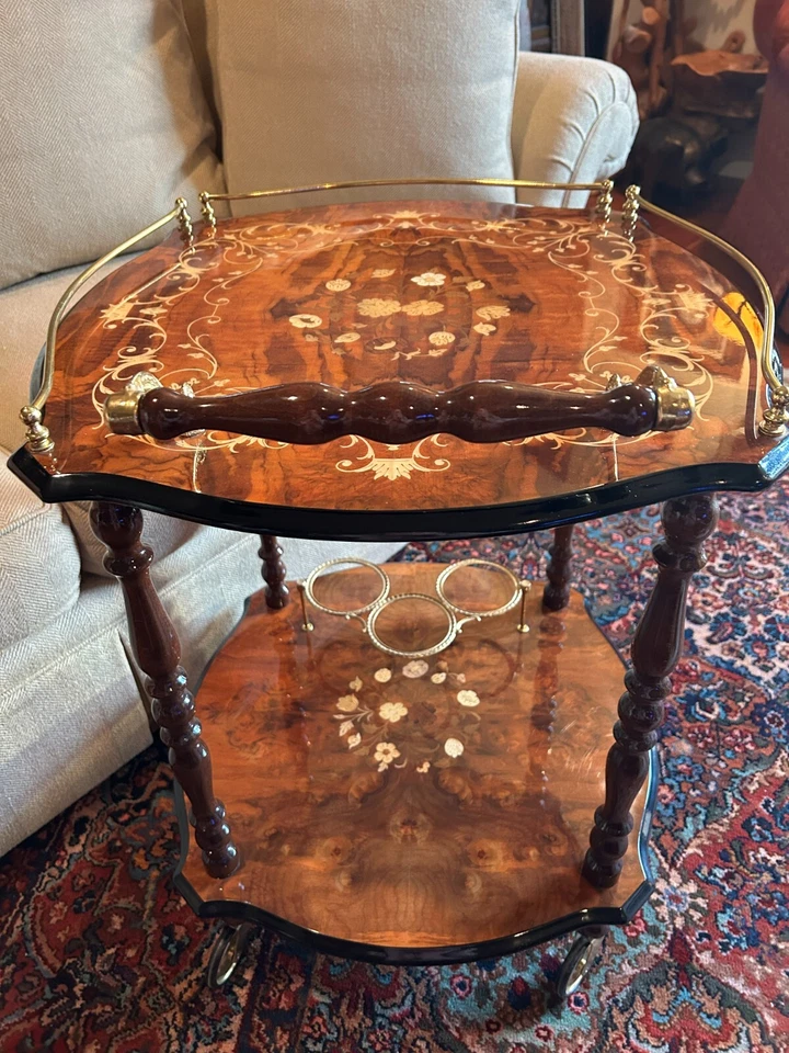 Italian Rosewood Marquetry Bar Tea Dessert Cart 2-Tier 8-Sided Trolley - Image 3 of 4