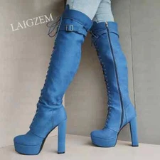 Women Over Knee High Boots Platform Round Toe Denim Thick High Heels Boots Shoes