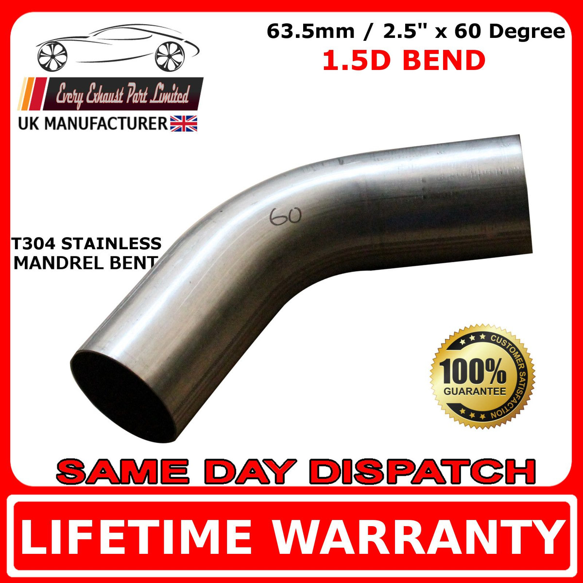 2.5 Inch 60-Degree Mandrel Bend – Mild Steel Exhaust Pipe Bend, Tight 1.5D Radius