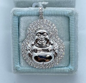 Authentic 2.00Ct Round Cut Real Moissanite Laughing Buddha Pendant 14K White Gold Plated