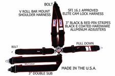 RJS RACING SFI 16.1 ELITE 6PT CAM LOCK HARNESS BELT BLACK RED STRIPE 1096601