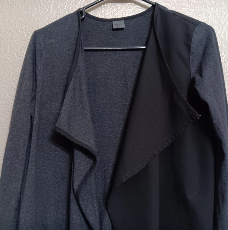 Crea Concept 36 S Gray Mixed Media Jersey Knit Chiffon Colorblock Open Cardigan - Image 2 of 4