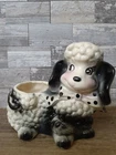 Vintage Mid-Century Black & White Pottery USA Poodle Planter Polka Dot Bow Tie