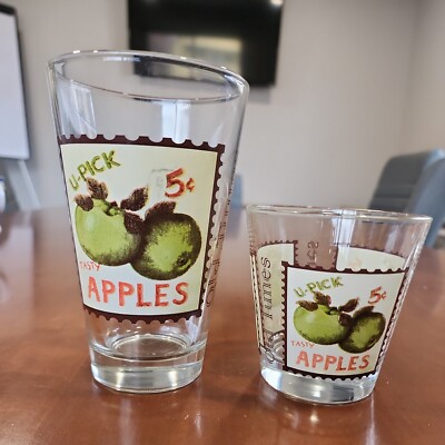 2 Cerve Old Times Tumbler Glass Fruit Stamp Design U-Pick Green Apples VTG Italy