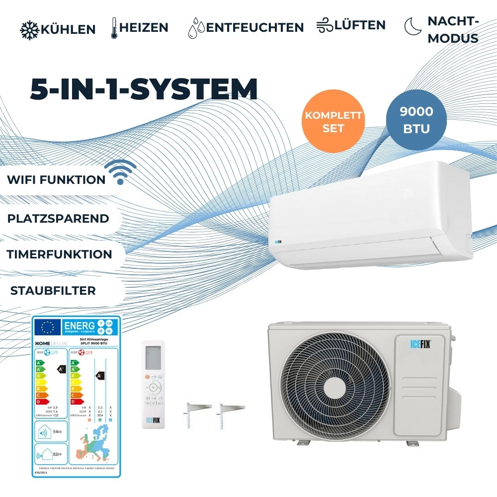 Split 5in1 Klimaanlage Heizfunktion Klimagerät Luftfilter Inverter 9000 BTU  A++