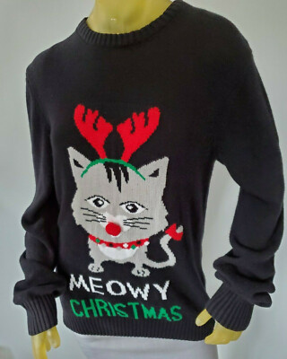 Imagin8 Ugly Christmas Sweater Meowy Christmas Cat Red Pom Nose Women's  Medium