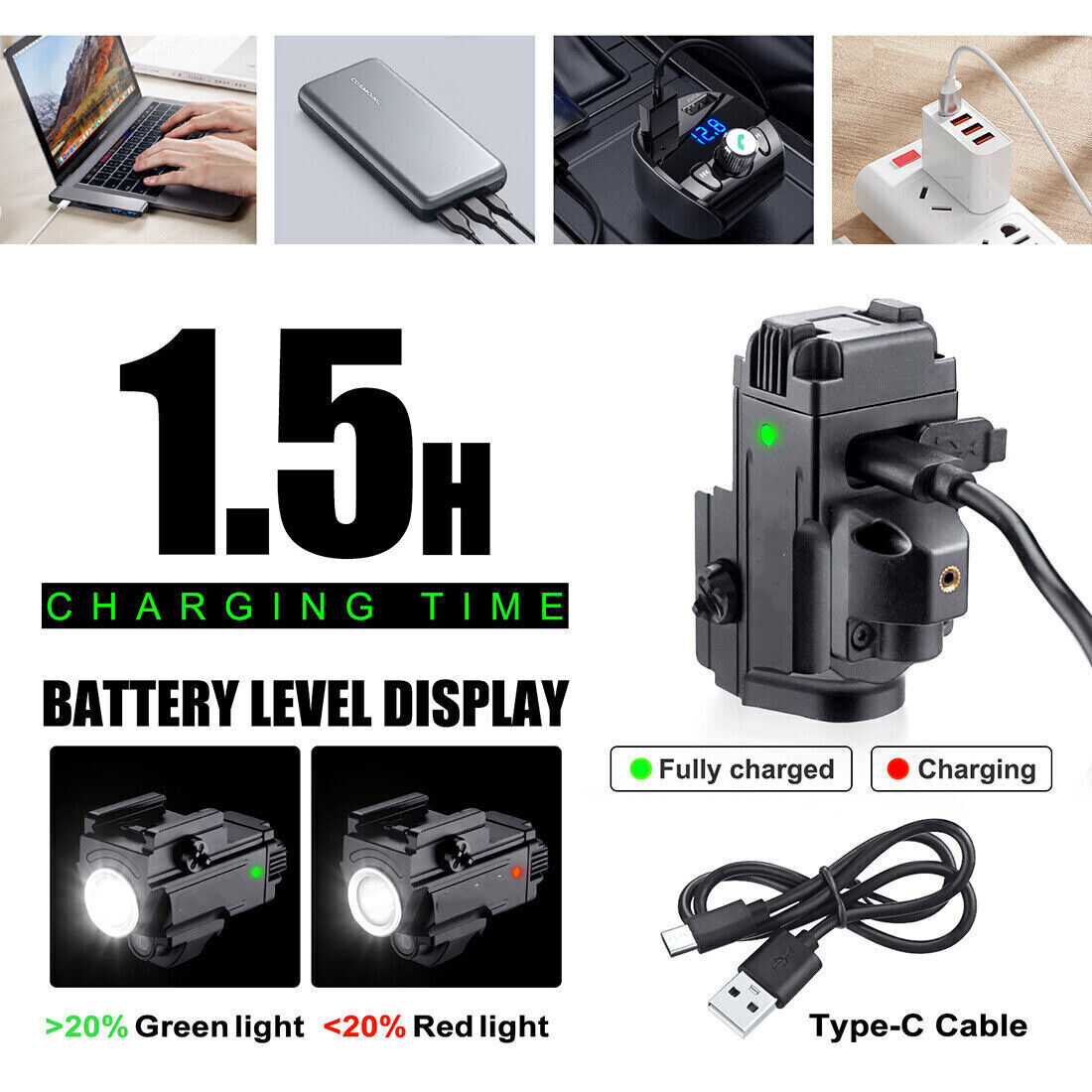 800 Lumens USB Rechargeable Red Laser Gun Weapon Pistol Light Flashlight Combo