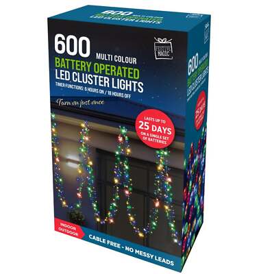 Festive Magic 600 Multi-Coloured Battery Operated LED Cluster Christmas ...