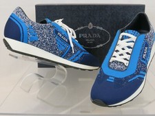 NIB PRADA 2EG272 BLUE FABRIC KNIT LOGO LACE UP SNEAKERS 10 ITALY