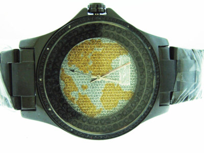 King Master Men's Round 12 Diamonds 50MM Black Case Watch  world map