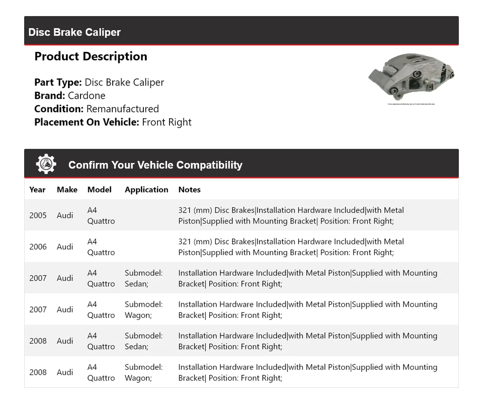 Pinza de freno de disco delantera derecha cardone 2006 2007 para Audi A4 Quattro 2005-2008 Foto 2 de 4