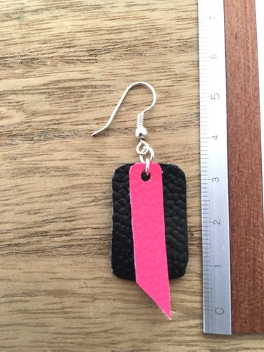 Leather Pink Black Layer Light Boho Statement Bar Dangle Silver Hook Earrings - Picture 4 of 5