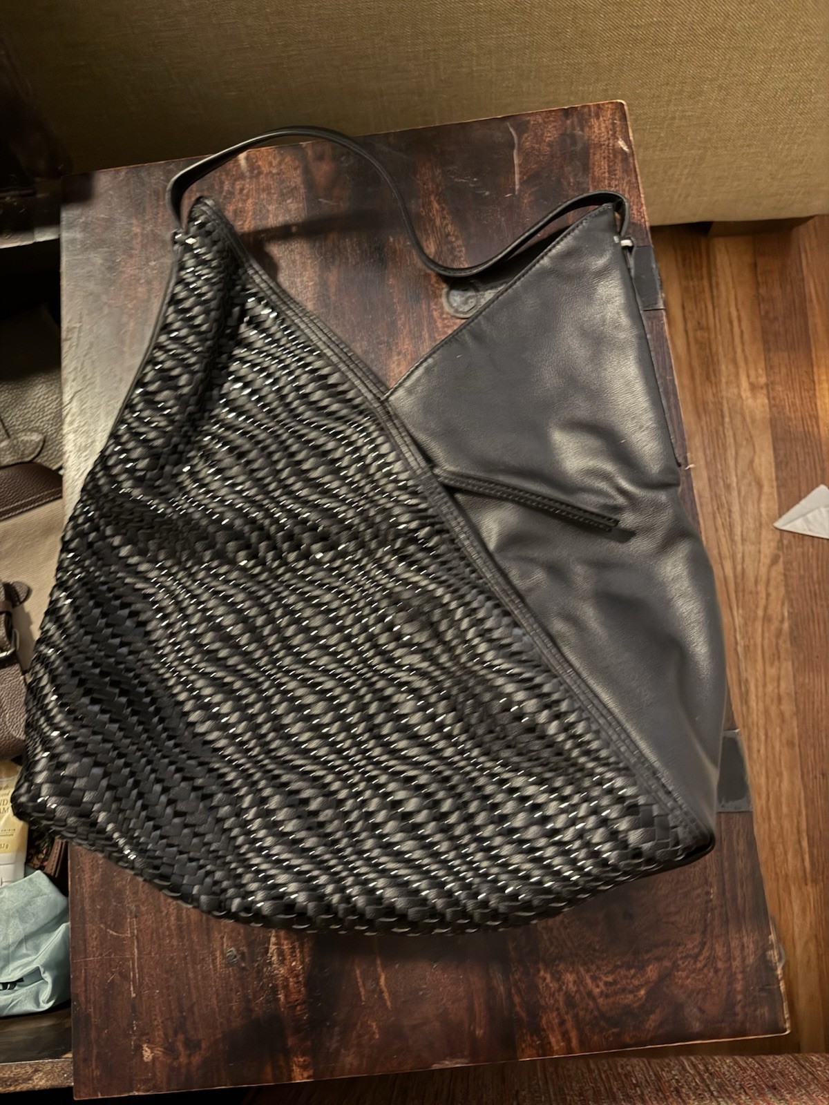 Black Woven Leather Crescent Shoulder Bag Zip Closure Shoulder Strap Women's