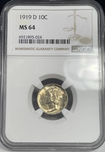 1919-D Mercury Dime 10c NGC MS64 - Tough Date In Higher MS Grades