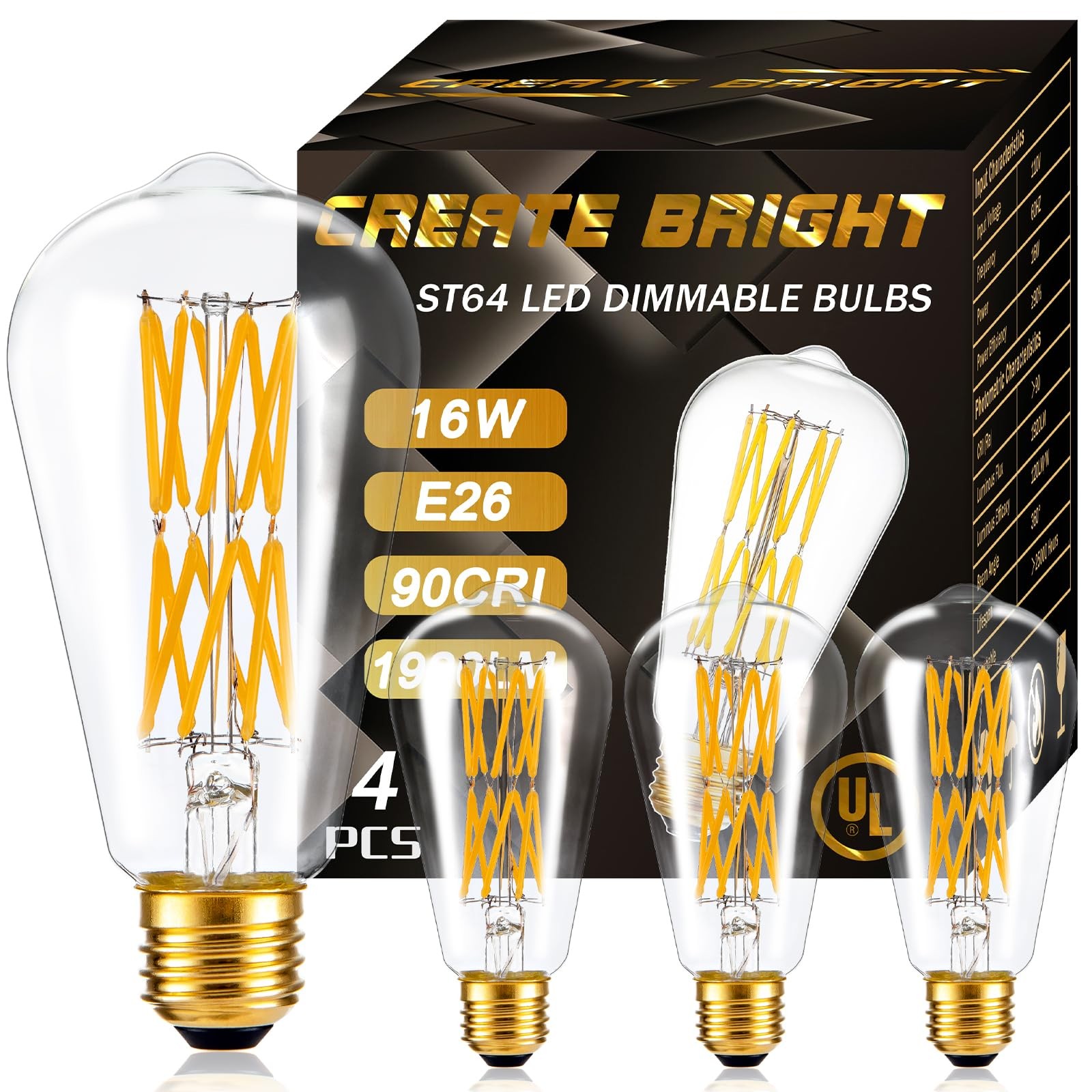 CREATE BRIGHT Vintage ST64 16W Dimmable Led Edison Bulbs 2700k Warm White