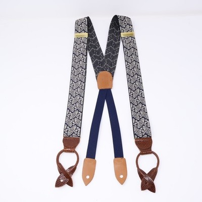 Cole Haan Suspenders Paisley Blue White Lizard Croc Look Leather Button Ends