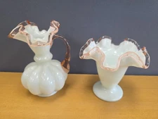 Matching Set 1940s Fenton ROSE CREST PINK & WHITE Mini JUG PITCHER & Vase VTG