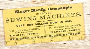 Rare 1873 Singer Sewing Machine Trade Card ~ Tuck Measure Ruler ~ Oil City PA