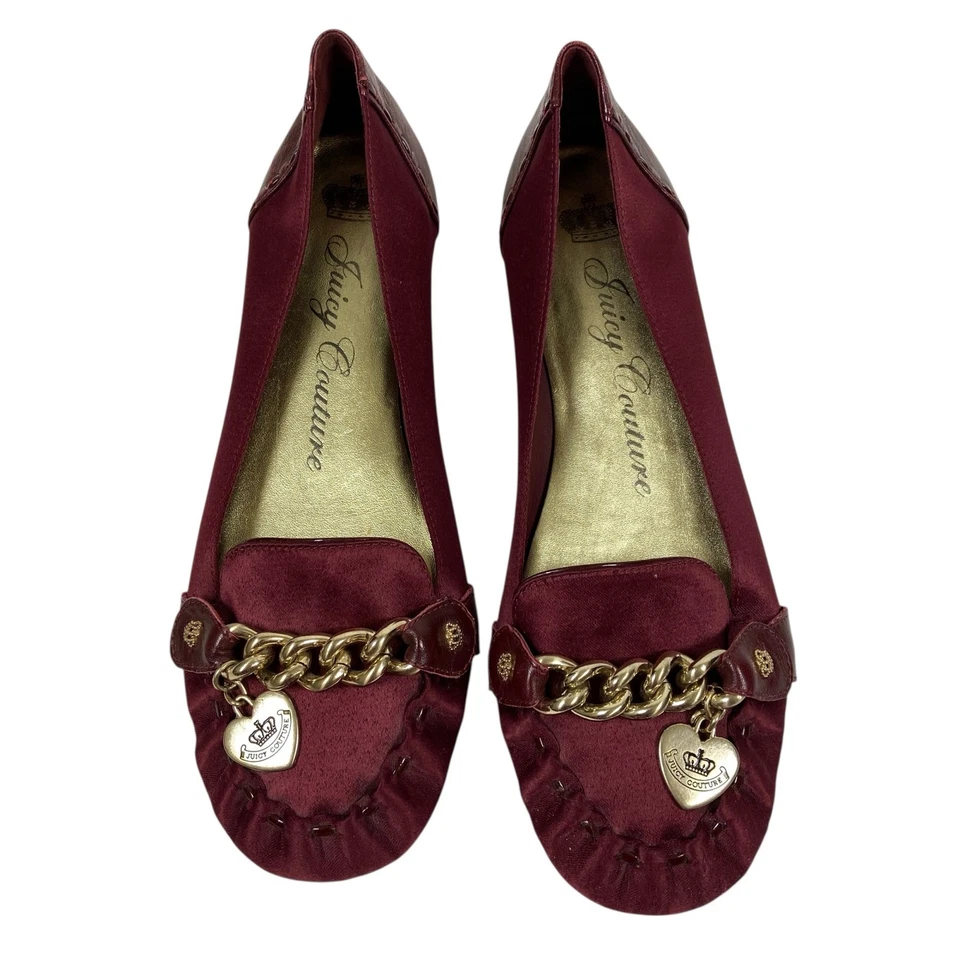 Juicy Couture Vintage Y2K Burgundy Velvet Loafers Gold Chain Crown Accents 7.5 - Image 4 of 4