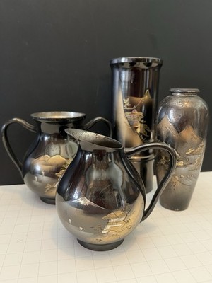 Collection of 4 1960 s Japanese Chokin Mixed Metal Vessels: 2Vases Urn & Creamer
