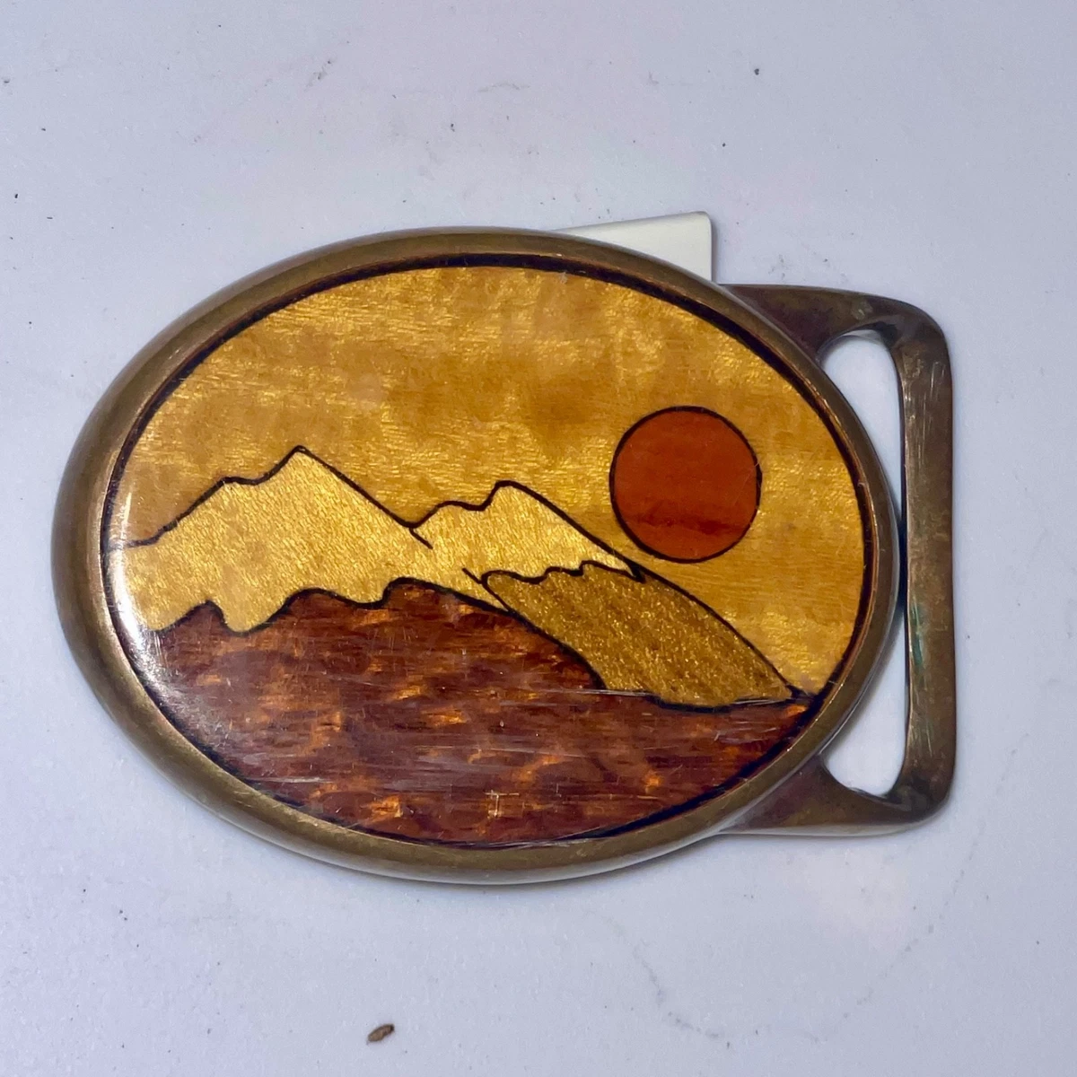Vintage leather belt w/solid brass wood marquetry inlay Ines | Premium Handcrafted Leather Belt with Antique Brass  main image 4