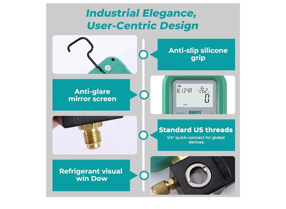 Цифровой коллектор вакуумметра DUOYI DY519 3 в 1 для ОВКВ зарядка хладагента, вакуум - Изображение 2 из 4
