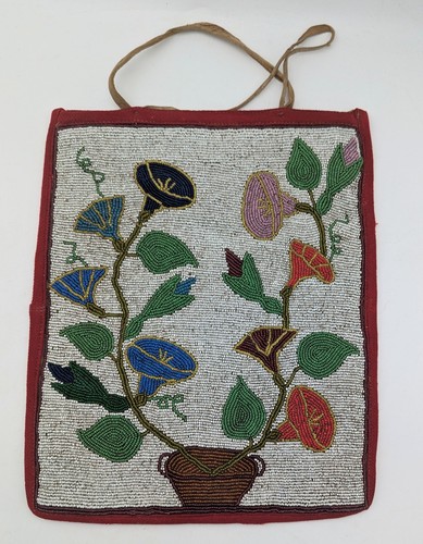 Antique Floral Glass Beaded Bag, Great Lakes / Iroquois Style, c. 1900–1930, 12"