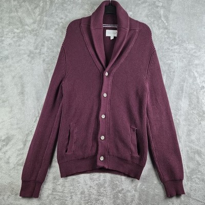 Sun Stone Sweater Cardigan Mens Small Maroon Ribbed Button Front Shawl Collar