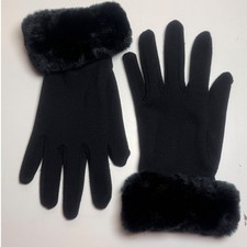 Black Gloves with Faux Fur Cuff Womens Winter Warm Accessories One Size