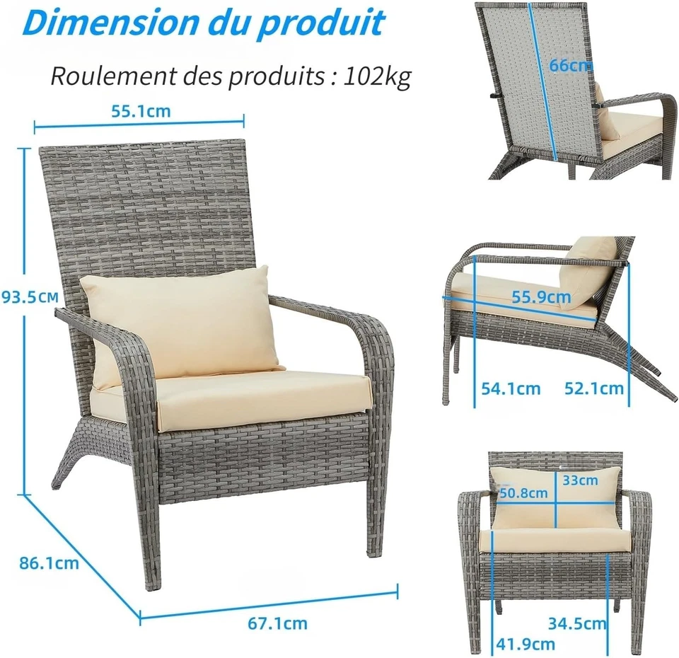 Ensemble de 2 Fauteuils de Jardin Exterieur Adirondack en PE Rotin avec Coussins - Photo 3/4