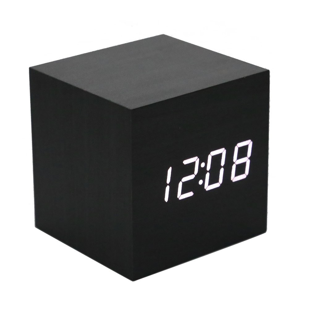 Wooden Alarm Clock - Mini Cube LED Digital Clock with Time/Date/Temperature