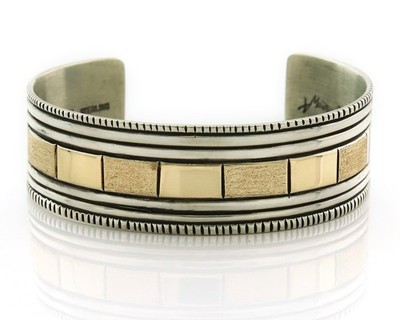 Navajo Wave Bracelet Overlay Silver & 10k Gold Vintage Signed Alvin Monte