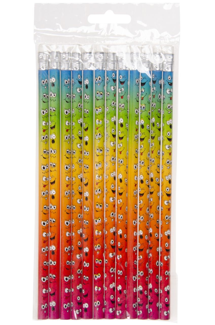 Pack of 12 Laughing Face Design Pencils with Eraser - School Loot Bag Filler