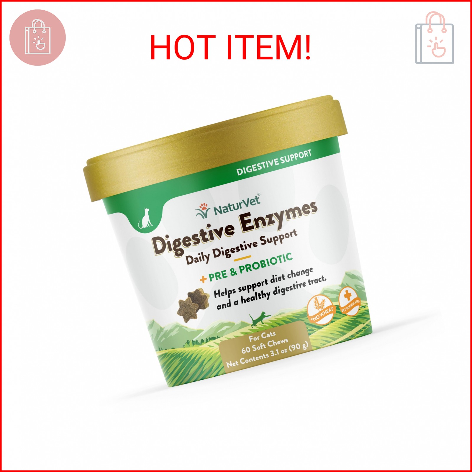 NaturVet &ndash; Digestive Enzymes for Cats Plus Probiotics &ndash; 60 Soft Chews &ndash; Helps Su