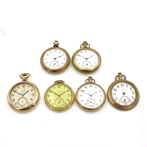 Antique Elgins 7j 12s 44 to 47mm Open Face Pocket Watches Lot of 6 #WB4231-4