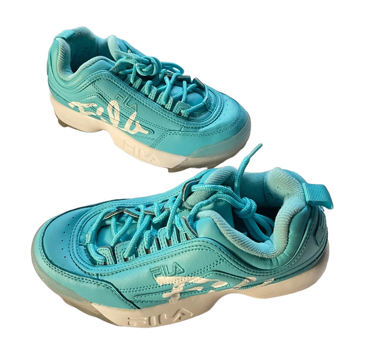 FILA Chunky Sneakers 5 Lace Up Platform Reflective Padded Leather Aqua Blue