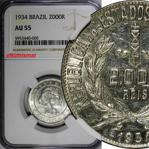 Brazil Silver 1934 2000 Reis NGC AU55 Last Year Type KM# 526 (005)