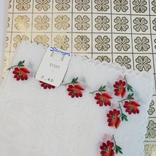 Vintage STURZENEGGE'R SWITZERLAND White Red Floral Embroidered Handkerchief NEW 
