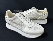 Michael Kors Women's Monique Trainer Lace-Up Sneakers Cream Logo Gold SZ. 8.5