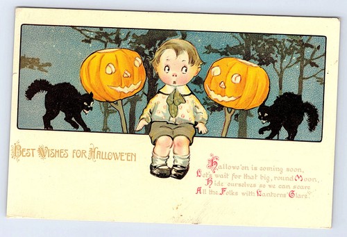 Liebe Grüße Halloween Junge zwischen 2 JOLs schwarze Katzen Winsch Postkarte KB55