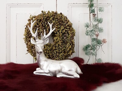 Hirsch ''Hendrik'' liegend silber Kunstharz 13,5 cm Shabby Weihnachten Dekohirsch