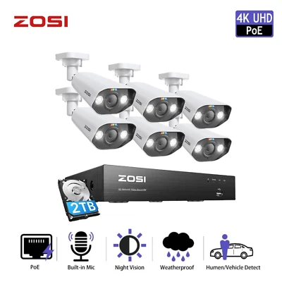 ZOSI 4K 8CH IP PoE Security Camera System NVR Audio AI Human Detection 2TB HDD