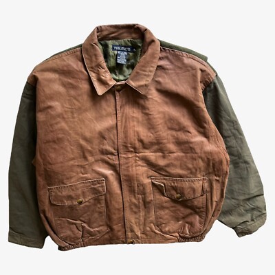 Vintage 90er Herren Nautica hellbraune Leder & grüne Wollmischung Jacke, Pilot