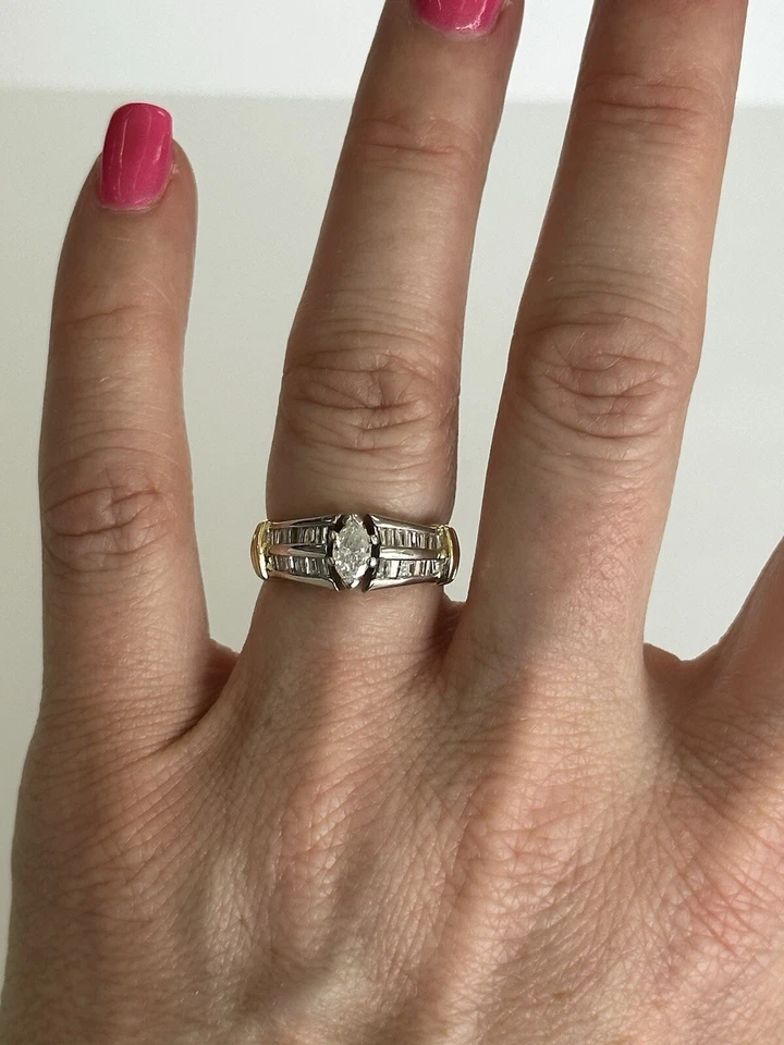 Anillo de diamantes marquesa genuinos naturales de oro blanco de dos tonos de 14K de oro amarillo talla 5 Foto 3 de 4