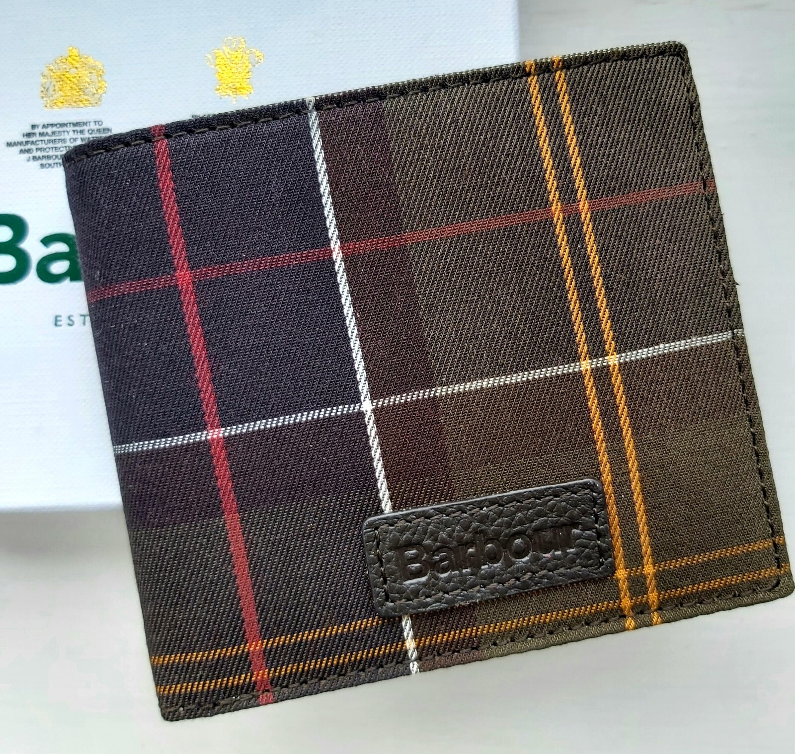 BARBOUR Dark Brown Green Tartan Billfold LEATHER WALLET Cards Notes BAR71