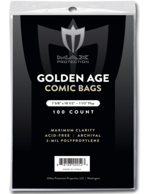 5 packs - 500 pc MAX PRO GOLDEN AGE COMIC BOOK BAGS 7-5/8 x 10-1/2 SLEEVES