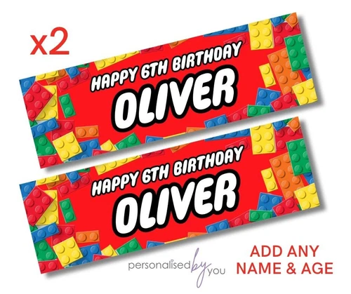 2 x Personalised Building BLOCKS Birthday Party Banners Large 900x300 NAME AGE