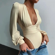 Deep V Neck Bodysuit Women Sexy Puff Sleeve Bodycon Jumpsuit Bodysuits Body Tops